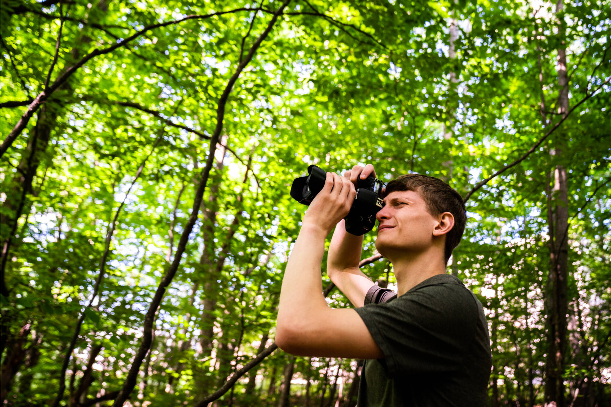 Noah Holkeboer demonstrating the digital photography-based method of measurement and growth for aging trees that doesn't require cutting them down that he developed with professor Gary Geer